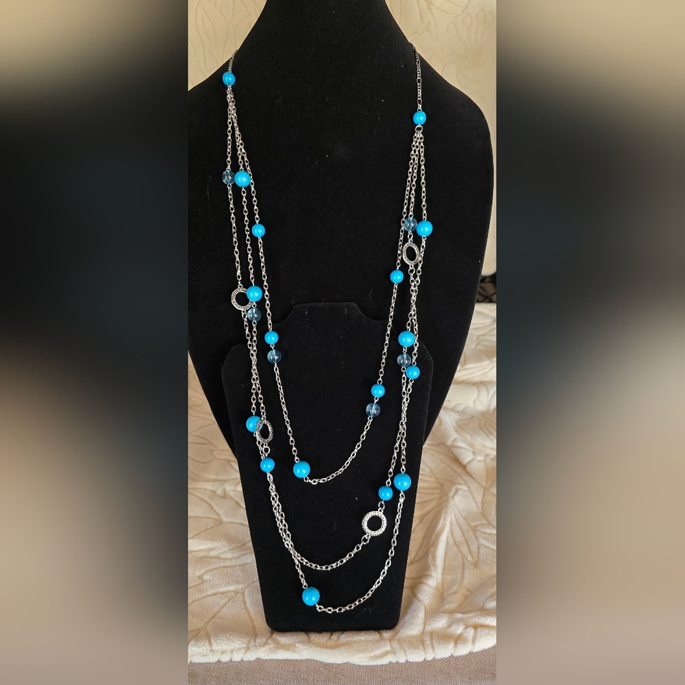 NWT Long Layered Necklace & Earrings Blue Beaded Silver Multi Strand